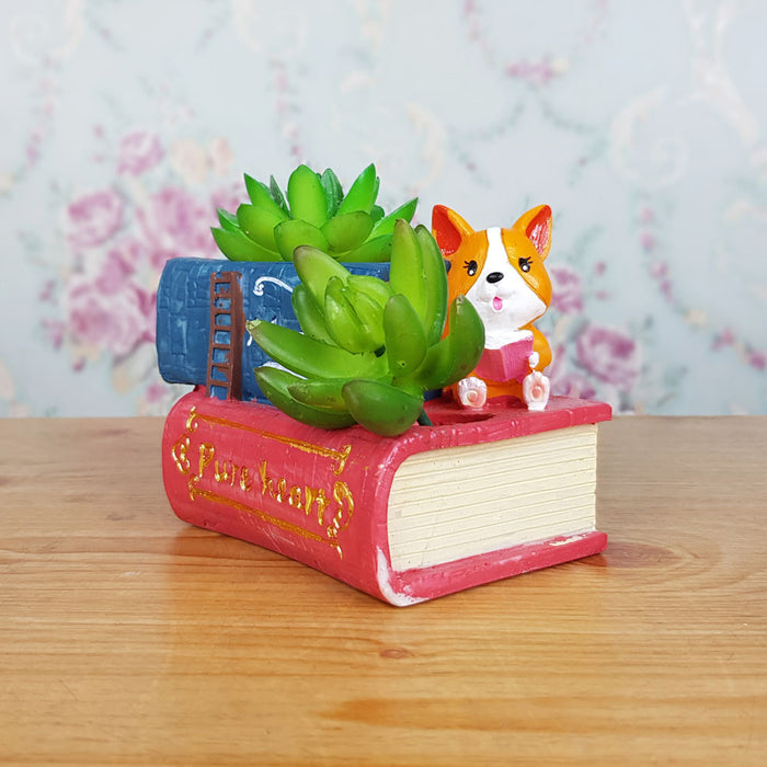 Cute Corgi Reading Book Succulent Pot for Home Decoration (Dark)