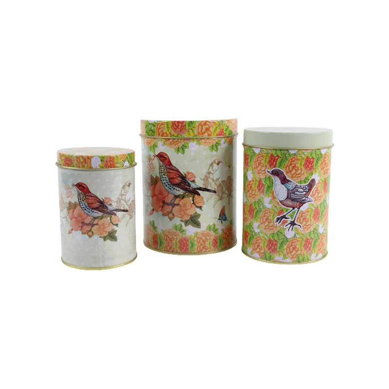 (Set of 3) Metal orange floral with birds storage Containers