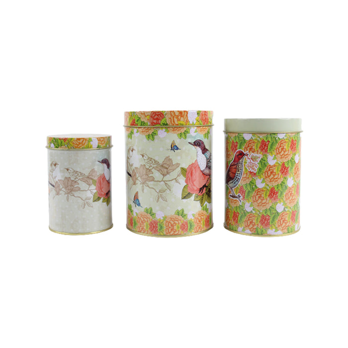 (Set of 3) Metal orange floral with birds storage Containers