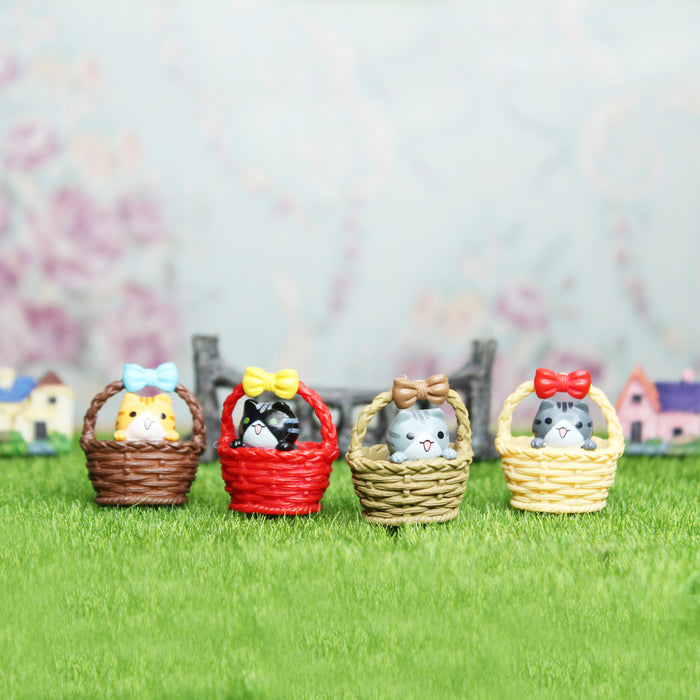 Miniature Toys - Set of 4 Big Kitty in basket  ( Fairy garden accessories)