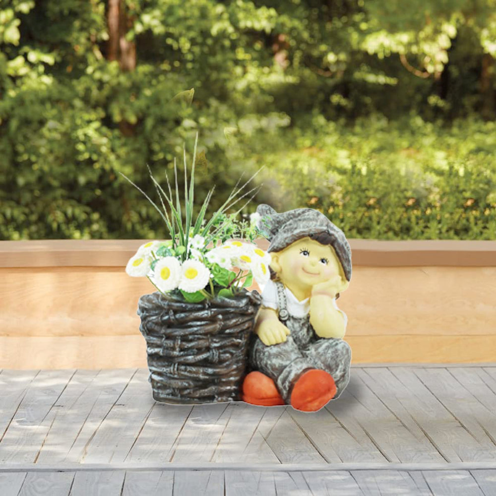 Boy with Pot for Garden and Balcony Decoration (Light Grey)