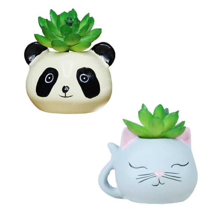 (Set of 2) Panda and Kitty Succulent Pot for Home Decoration
