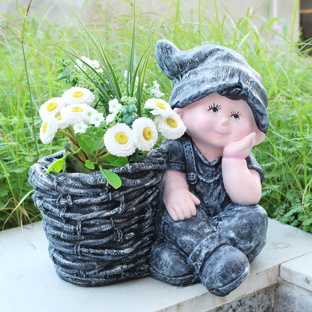 Boy with Pot Planter for Balcony and Garden Decoration (Dark Grey)