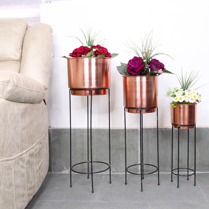 (Set of 3) Rose Gold Planter with stand for Home Decoration