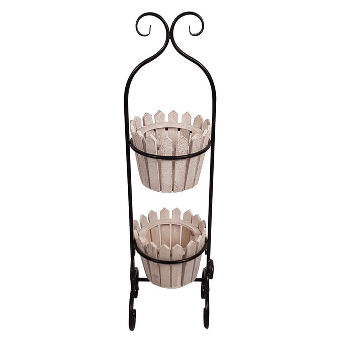 Metal and Wooden Plant Stand with 2 Pot for Home Decoration