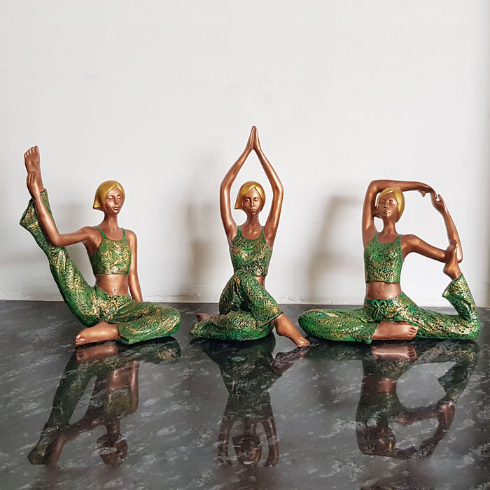 (Set of 3) Big Green and Silver Yoga Girl Statue