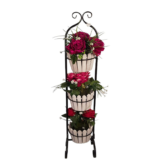Metal and Wood Plant Stand with 3 Pots for Home Decoration