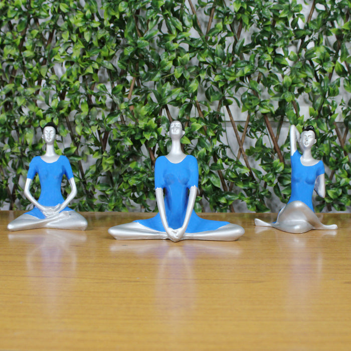 (Set of 3) Small Blue and Silver Yoga Girl Statue.