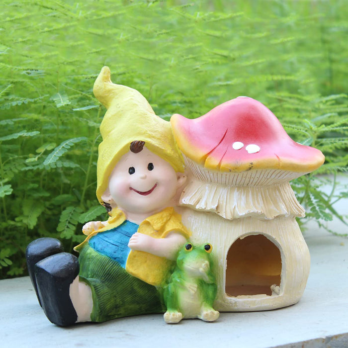 Boy & Toad with Mushroom House for Garden Decoration
