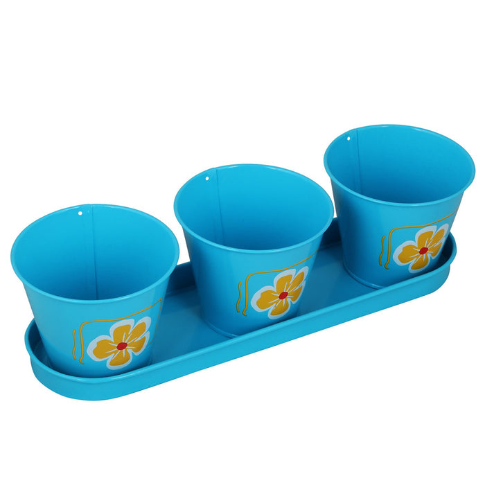 (Set of 3) Metal Pots With Tray for Home Decoration