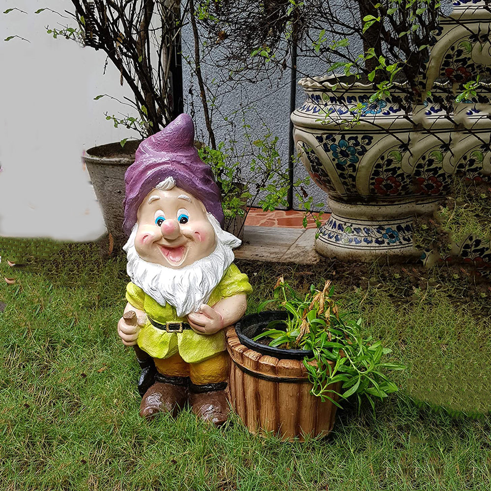 Gnome Planter with Bucket for Garden Deocration (Purple Cap)