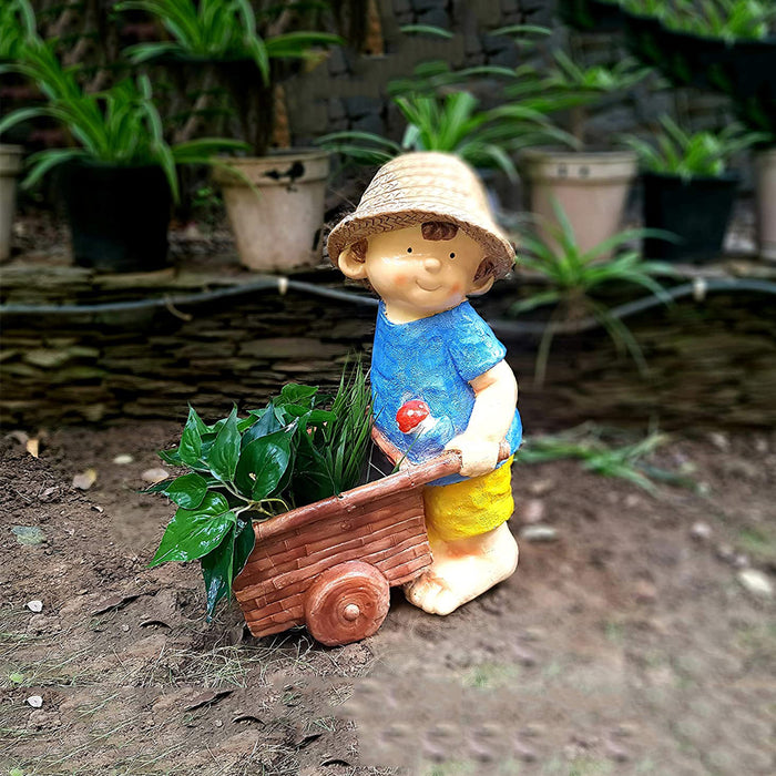 Boy Statue Pushing Cart Pot Planter for Garden Decoration (Yellow)