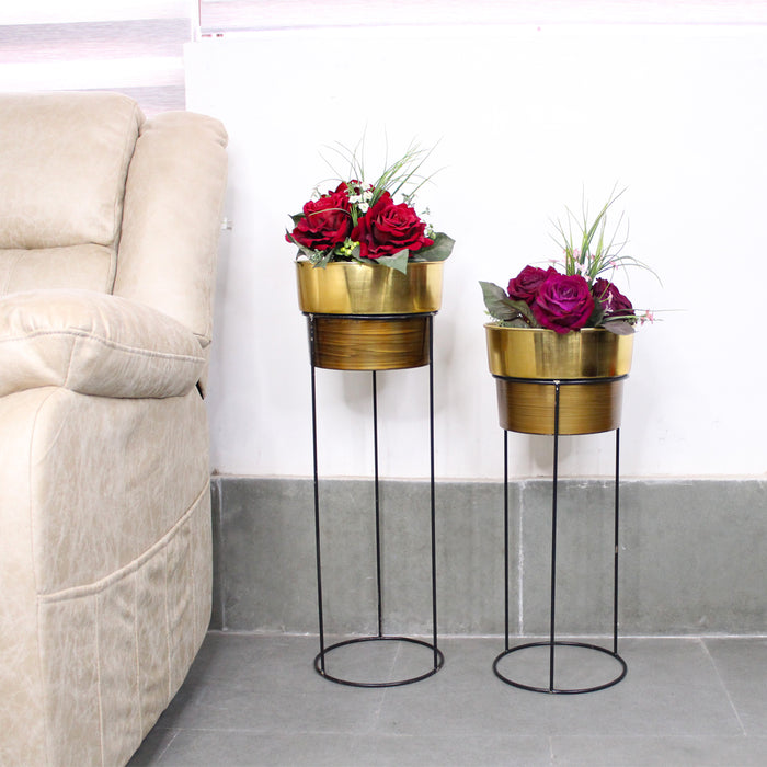 (Set of 2) Golden Planter with stand for Home Decoration