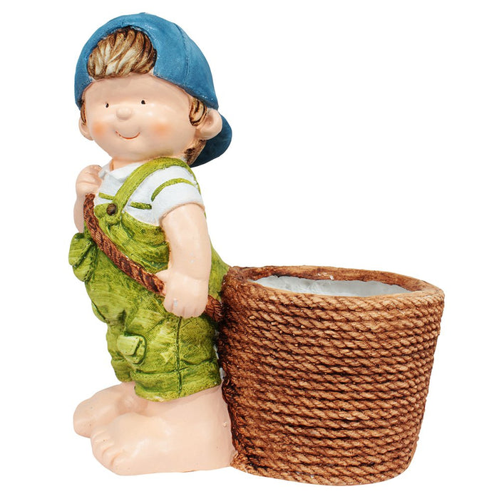 Standing Boy Statue with Basket Pot Planter for Garden Decoration
