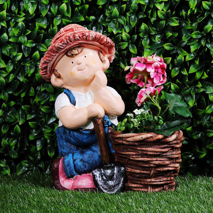 (Set of 2) Farm Boy with Spade & Girl with Watercan Planter