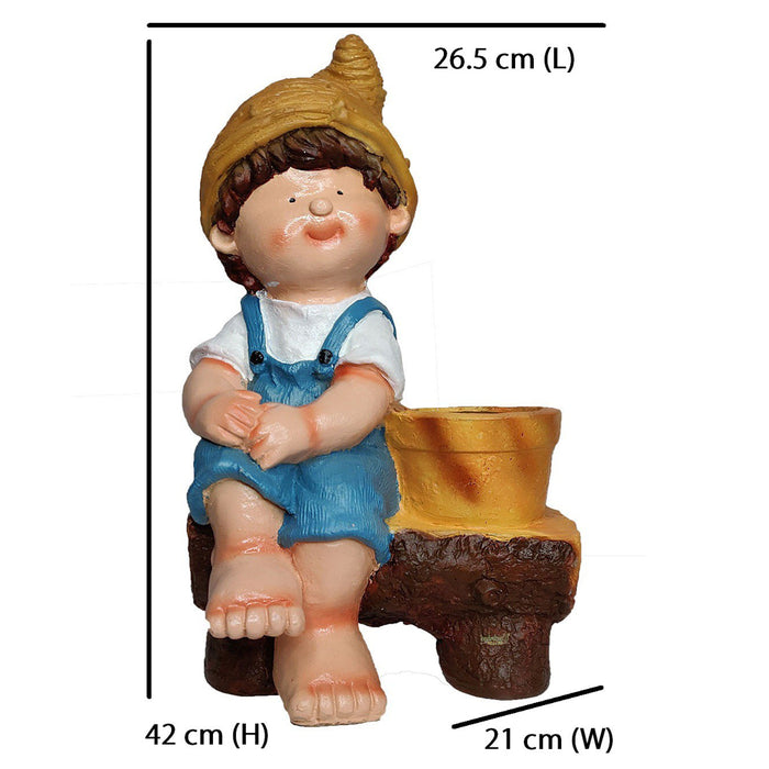Boy Sitting on Bench with Pot Planter for Balcony and Garden Decoration