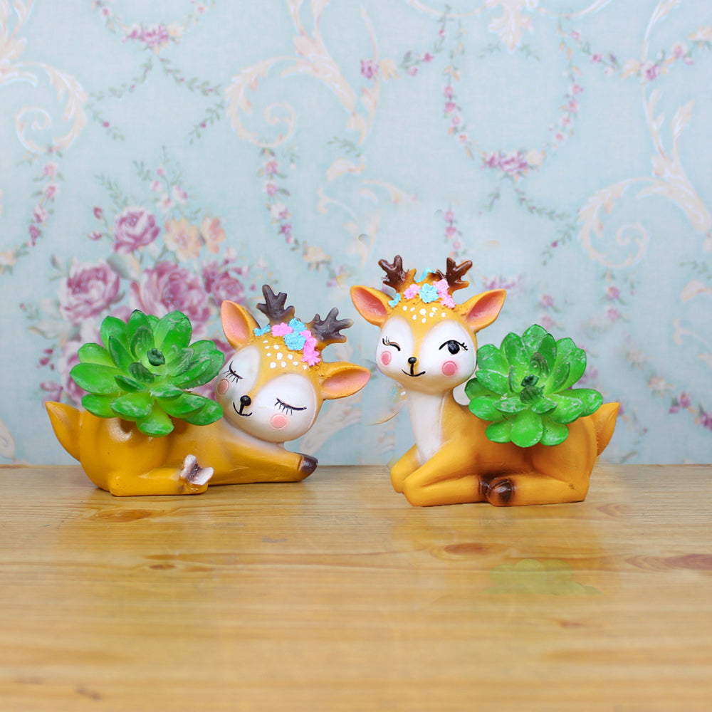 (Set of 2) Deer Succulent Pot for Home Decoration (Winking & Lying Deer )