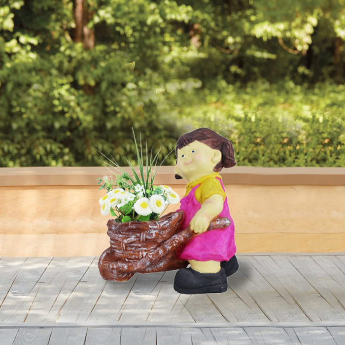 Girl Pushing Trolley Pot Planter for Garden Decoration