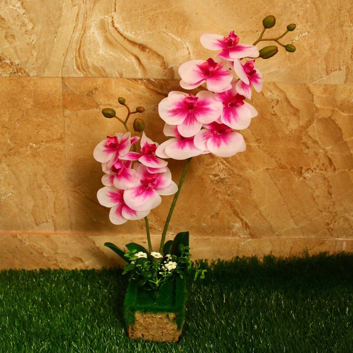 Artificial Flower orchid color - SQUARE POT- PINK & WHITE, artificial flowers for home decor with pot