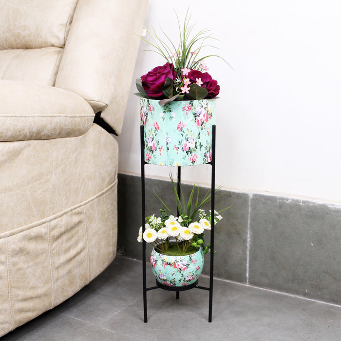 Floral Printed 2 Tier Planter with Stand (Blue)