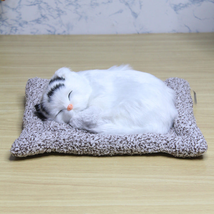Wonderland white  Cute sleeping artificial fur cat comes with sleeping pad | Artificial cat shape art and craft | car and room décor