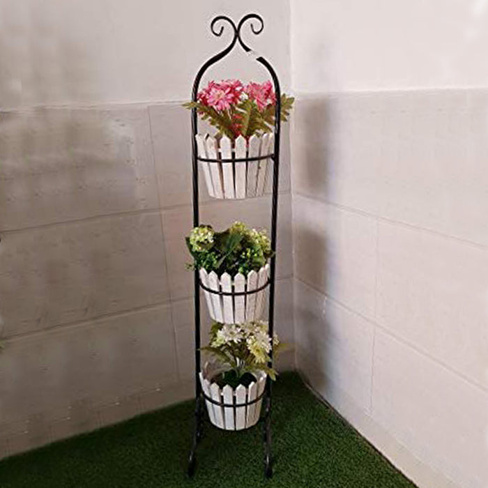 Metal and Wood Plant Stand with 3 Pots for Home Decoration