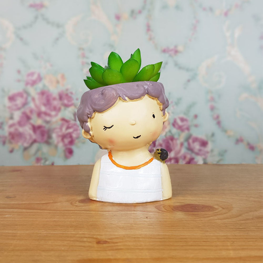 Boy with Snail Succulent Pot for Home Decoration