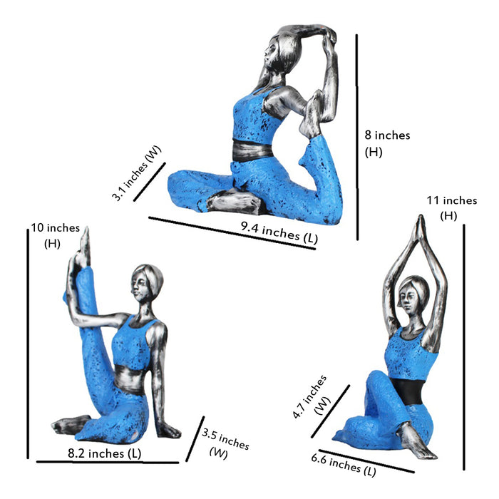 (Set of 3) Big Blue and Silver Yoga Girl Statue