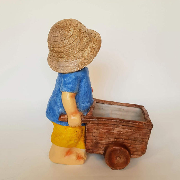 Boy Statue Pushing Cart Pot Planter for Garden Decoration (Yellow)