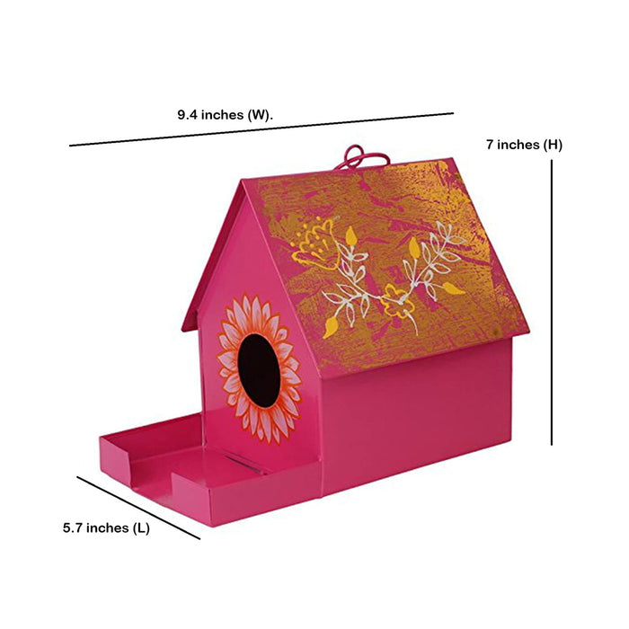 Hanging Bird House with Feeder for Garden Decoration (Pink)