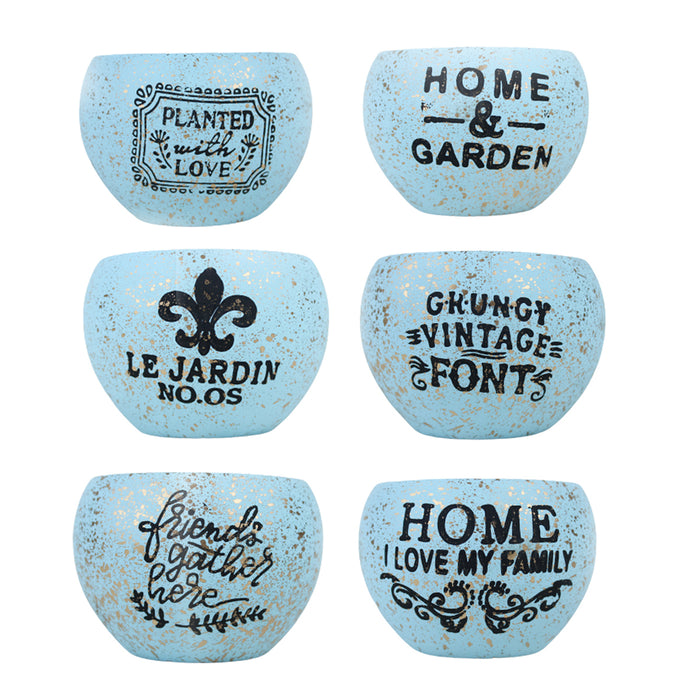 (Set of 6) Imported Printed Round Pots (Blue)