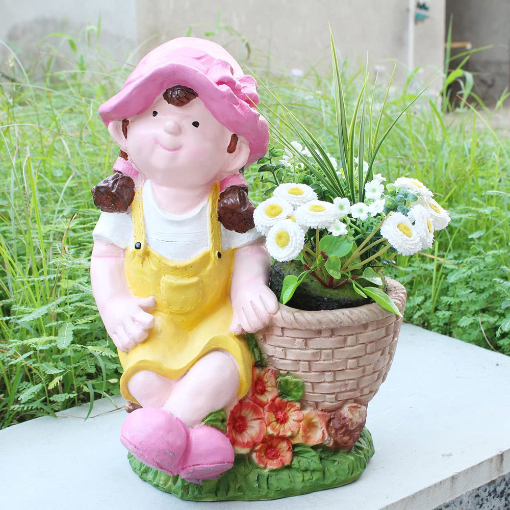 Girl on Stone with Pot Planter for Garden Decoration (Yellow)