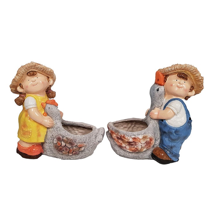 (Set of 2) Boy & Girl with Duck Pot Planter for Garden Decoration