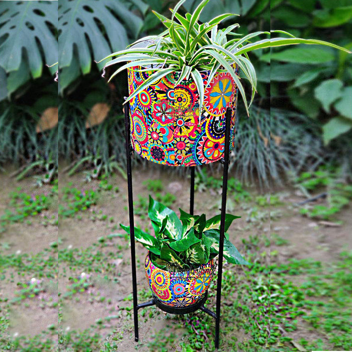 Double Pot with Stand for Home and Balcony Decoration (Multicolor)