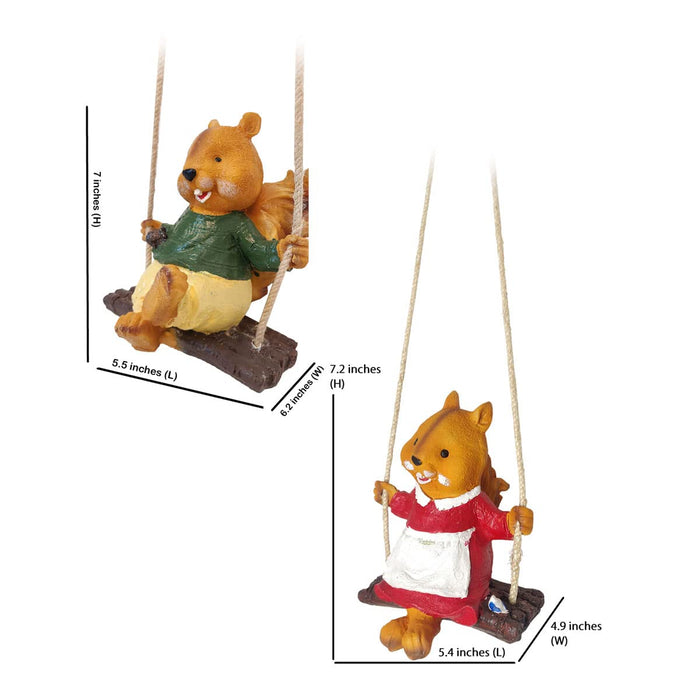 Set of 2 Hanging Squirrel Boy and Girl Swinging Statue for Garden Decoration (Brown)