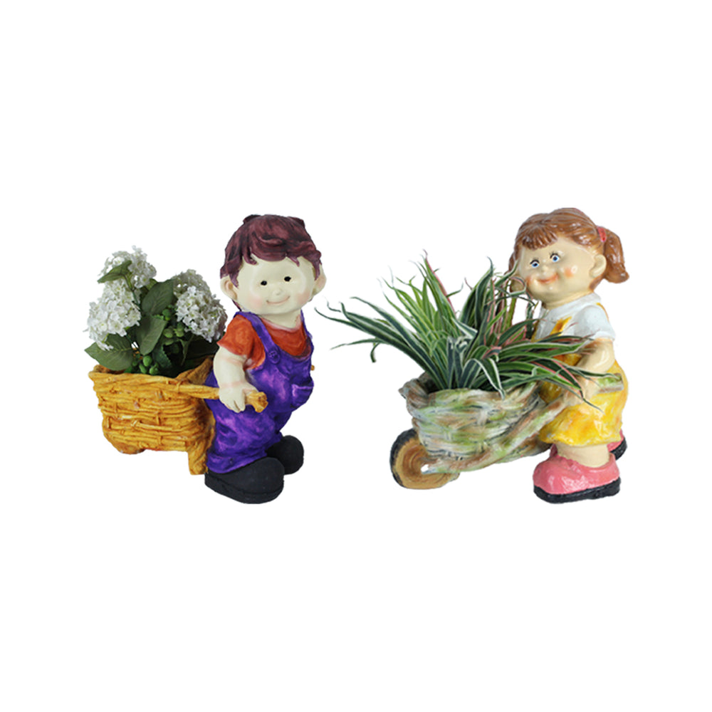 Boy & Girl Pushing Cart Planter for Garden Decoration