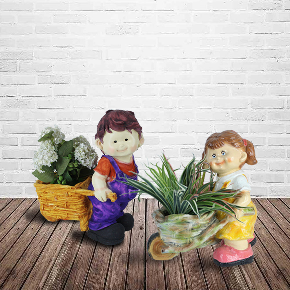 Boy & Girl Pushing Cart Planter for Garden Decoration