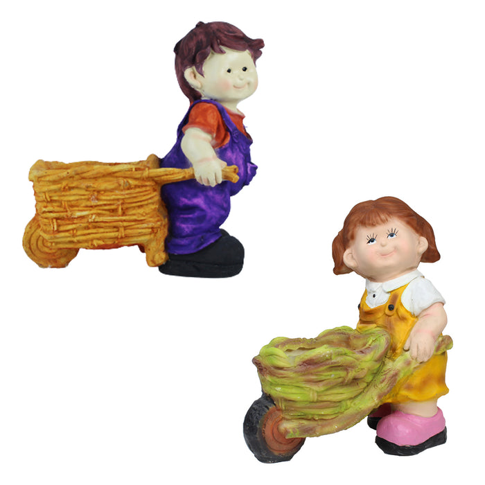 Boy & Girl Pushing Cart Planter for Garden Decoration