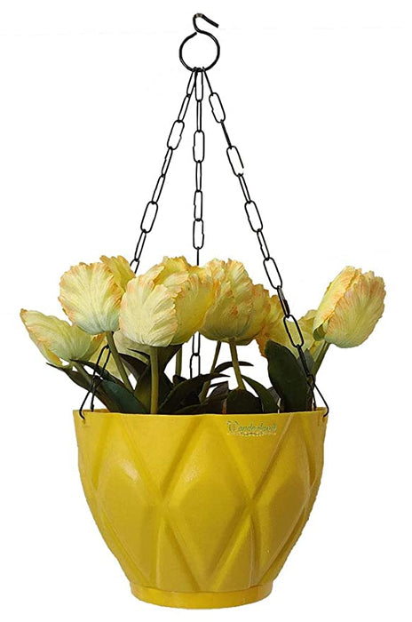 (Set of 2) Hanging Solitaire Pot with Chain and Drain Base for Home Garden, Yellow