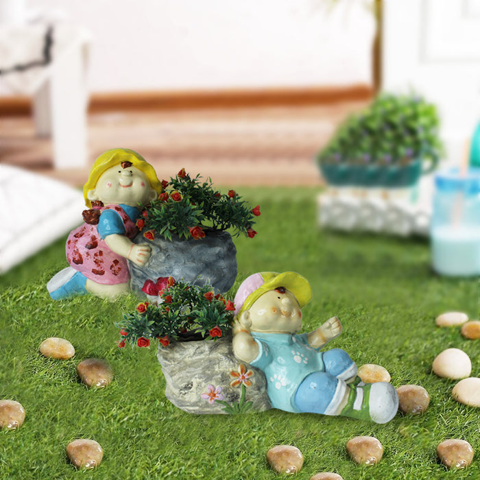 (Set of 2) Stone Girl Boy Planter for Garden Decoration