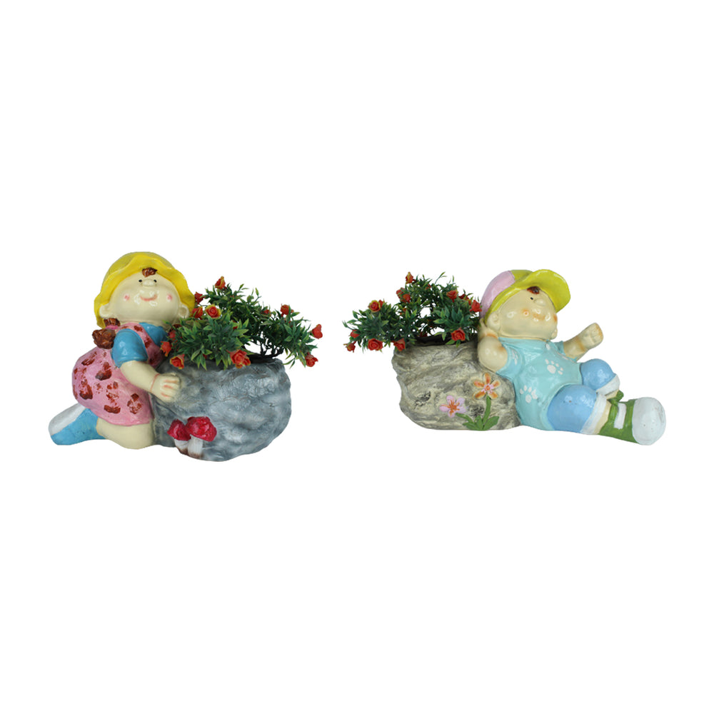 (Set of 2) Stone Girl Boy Planter for Garden Decoration