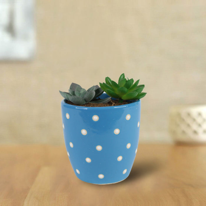 Ceramic Dotted Circular Flower Pot (Blue)