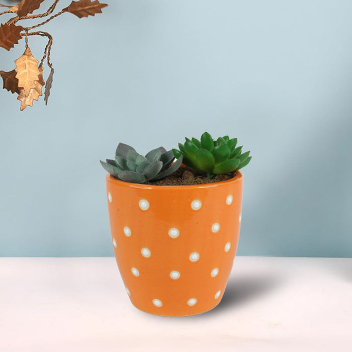 Ceramic Dotted Circular Flower Pot (Orange)