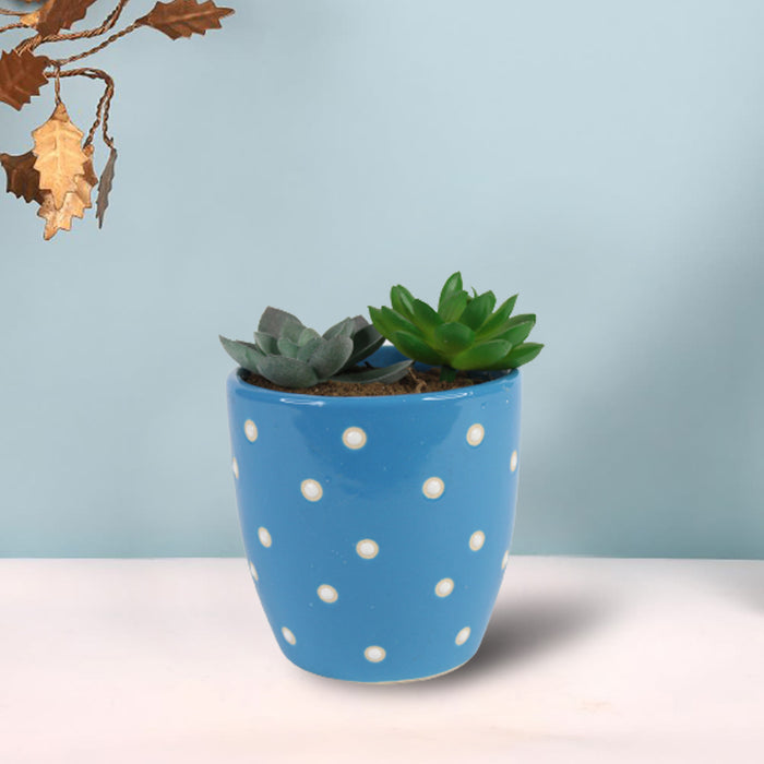 Ceramic Dotted Circular Flower Pot (Blue)