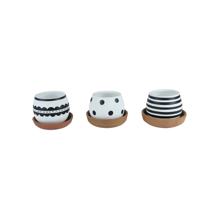 (Set of 3) 4 Inch Black & White Matka Shape Terracotta Pot.