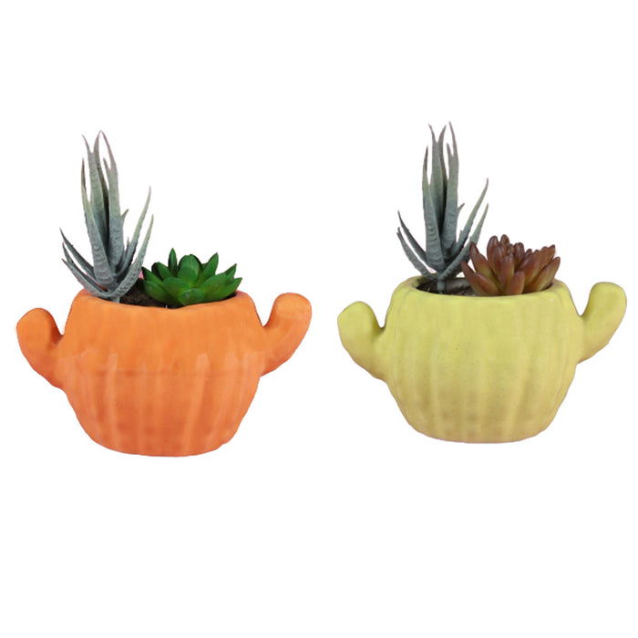 (Set of 2) Cactus Shape Ceramic Pot for Home Decoration (Yellow & Orange)