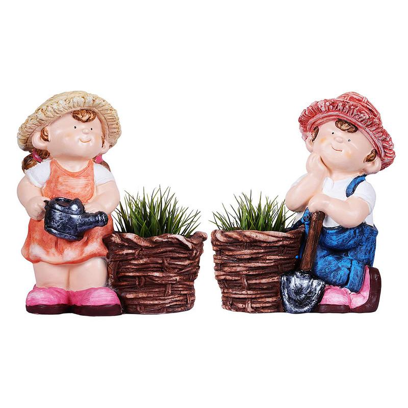 (Set of 2) Farm Boy with Spade & Girl with Watercan Planter