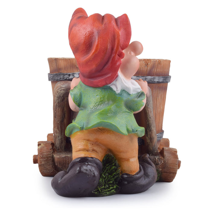 Resin Gnome Pushing Cart On 4 Wheels With Flower Pot