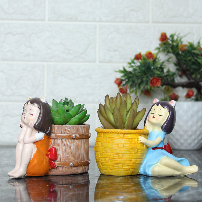 (Set of 2) Basket & Kitty Girl Succulent Pot for Home Decoration