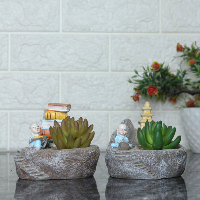 (Set of 2) Monk with Temple & Book Succulent Pot for Home Decoration